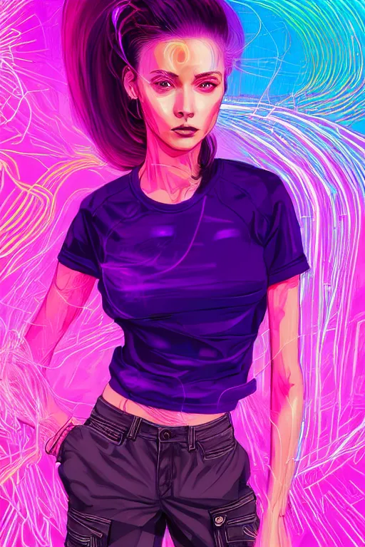 Image similar to a award winning half body portrait of a beautiful woman with stunning eyes in a croptop and cargo pants with ombre purple pink teal hairstyle and hands in pockets by thomas danthony, surrounded by whirling illuminated lines, outrun, vaporware, shaded flat illustration, digital art, trending on artstation, highly detailed, fine detail, intricate