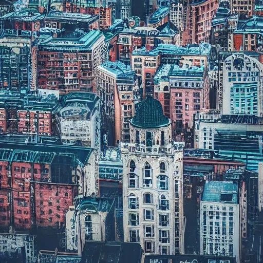 Prompt: Beautiful picture of an intricate very detailed cozy city on a cloudy day with tall buildings with small windows, high-quality photograph