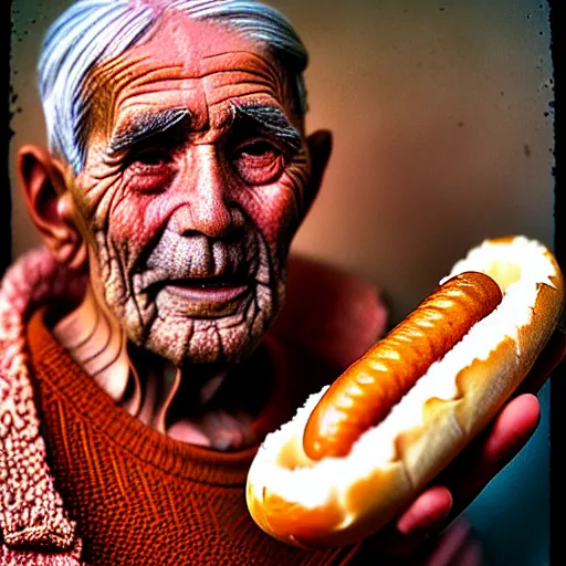 Image similar to Colour Photography of 1000 years old man with highly detailed 1000 years old face. Man eating hot-dog in style of Josan Gonzalez