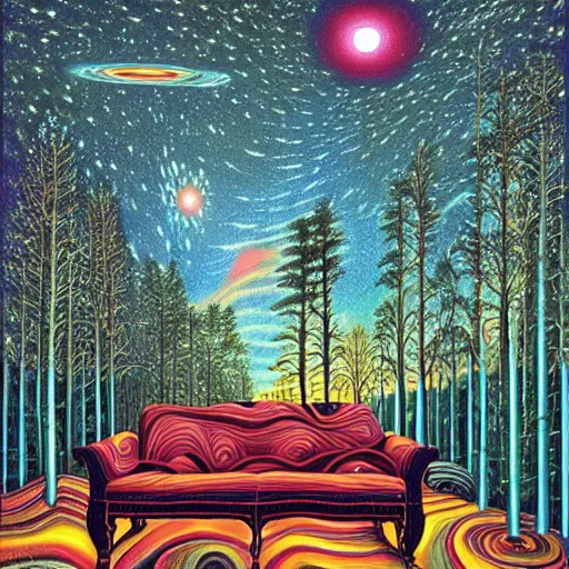 Prompt: psychedelic trippy river pine forest, planets, milky way, sofa, by rob gonsalves