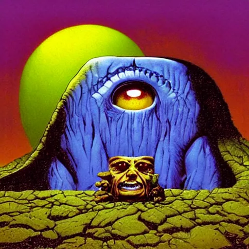 Prompt: a house with big eyes, by richard corben. pulp horror art, comic book art