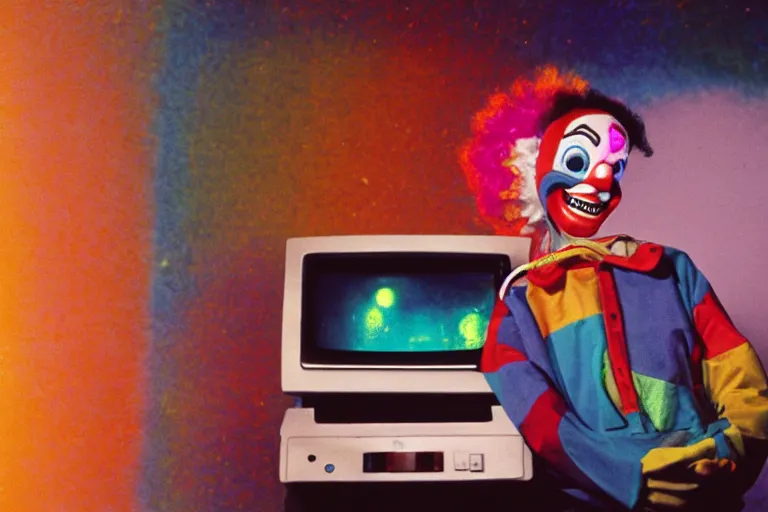 Prompt: friendly robo - clown emerging from a space portal in cyberspace, fractal, in 1 9 8 5, y 2 k cutecore clowncore, bathed in the glow of a crt television, crt screens in background, low - light photograph, in style of tyler mitchell
