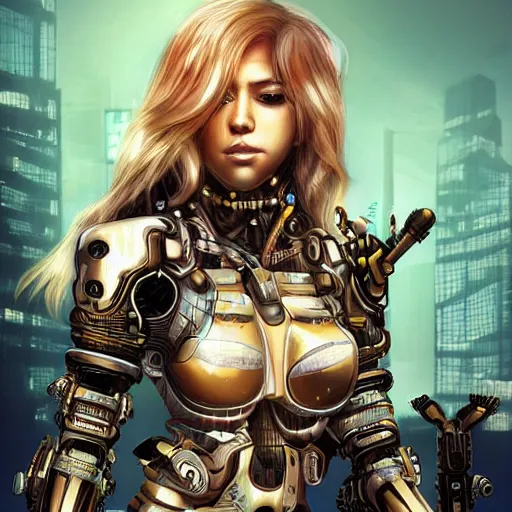 Image similar to Shakira as a samurai cyborg, mech, cyberpunk, intricate details, highly detailed, concept art. Art by Nivanh Chanthara