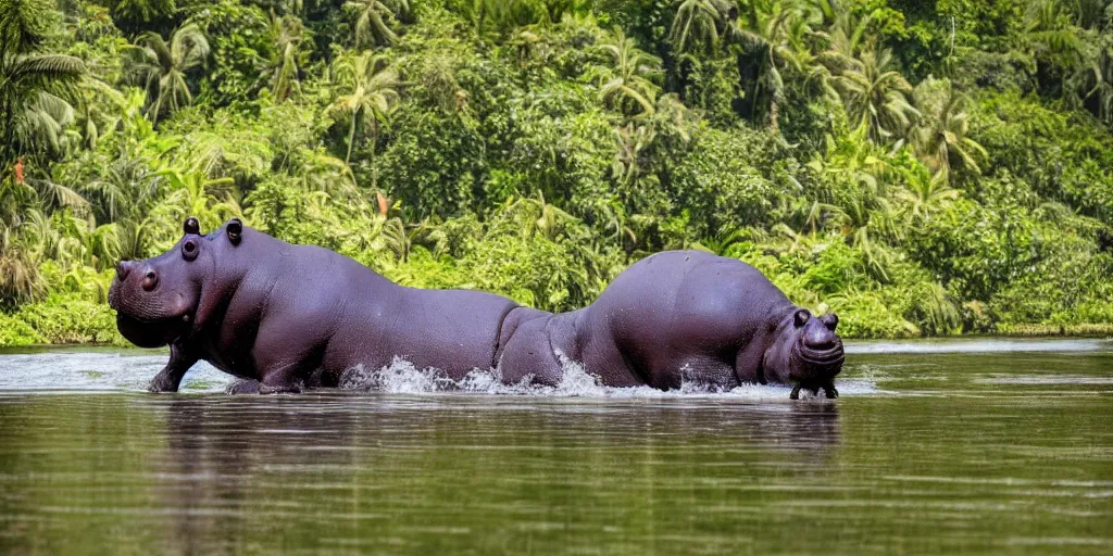 Prompt: a hippo with large wings in a river in the jungle. extremely high fidelity, ominous natural lighting