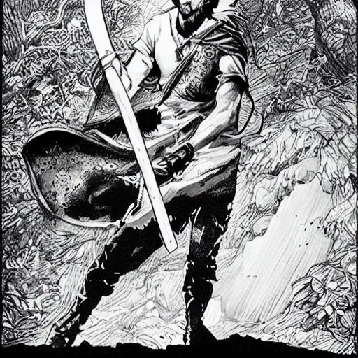 Image similar to pen and ink!!!! attractive 22 year old Frank Zappa x Jared Leto golden Vagabond magic swordsman glides through a beautiful battlefield magic the gathering dramatic esoteric!!!!!! pen and ink!!!!! illustrated in high detail!!!!!!!! by Hiroya Oku!!!!! Written by Wes Anderson graphic novel published on shonen jump 2002 award winning!!!!