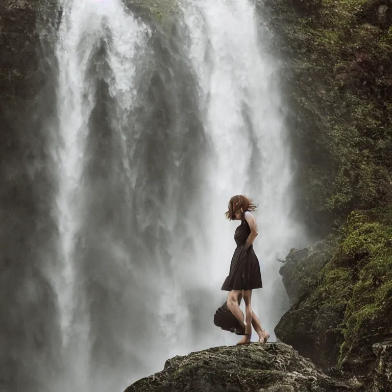 Image similar to intimate photo of emma watson walking through a waterfall, portrait in the style of petter hegre, sharp details, beautiful face, pale skin, rule of thirds, cinematic lighting, rainy weather, melancholy atmosphere, sharp focus, backlit, stunning, smooth, hard focus, full body shot, instagram photo, shot on iphone 1 3 pro max, hyper realistic