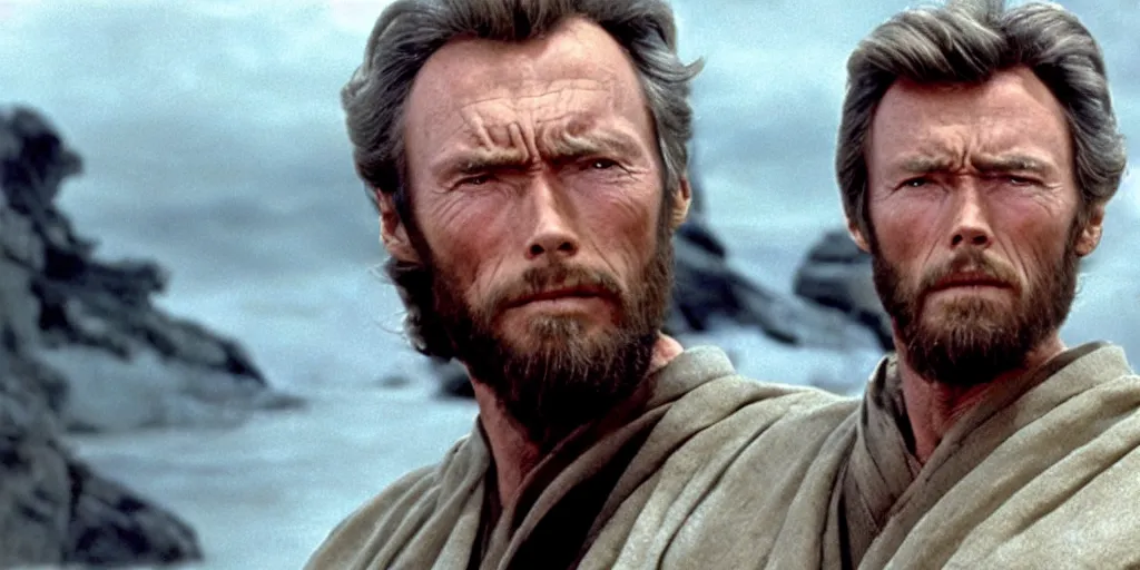 Image similar to Still of Clint Eastwood as jedi master Obiwan kenobi!!!!. in Star Wars (1977). detailed eyes. medium shot, technicolor.