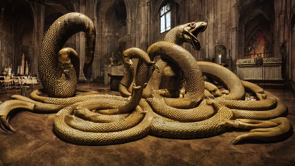 Prompt: the giant king cobra i church, made of wax and water, film still from the movie directed by Denis Villeneuve with art direction by Salvador Dalí, wide lens