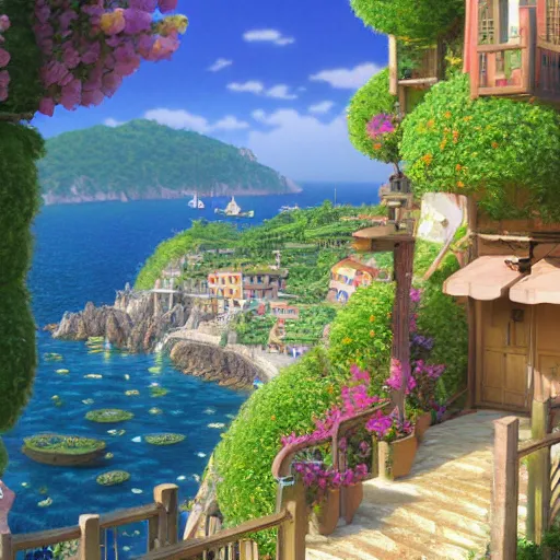 Image similar to pixar 3D render, by studio ghibli, (french bande dessinée), solarpunk, 1244, fantasy setting, mediterranean landscape, quaint old village, cinq terre, highly detailed, luminous, white rock, beautiful, style by moebius, concept art, unreal engine