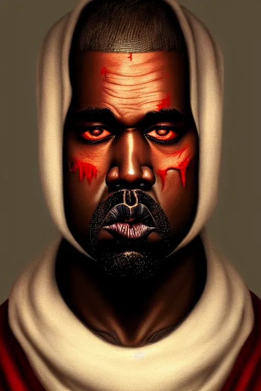 Prompt: a demonic horrific portrait of kanye west, white eyes, bored, illustration, soft lighting, soft details, painting oil on canvas by edmund blair leighton and charlie bowater octane render, hdr, trending on artstation, 4 k, 8 k, hd