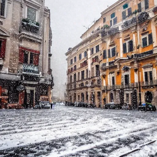 Image similar to The city of Rome under the snow on August. Although it's summer, it's snowing everywhere on the entire cityscape of Rome