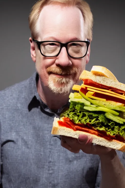 Image similar to 📷 portrait of adam savage the sandwich, made of food, still image, dynamic lighting, 4 k