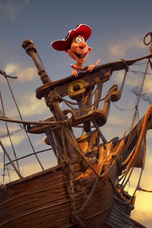 Image similar to a great pirate on his old pirate ship with a pirate flag. pixar disney 4 k 3 d render funny animation movie oscar winning trending on artstation and behance. ratatouille style.