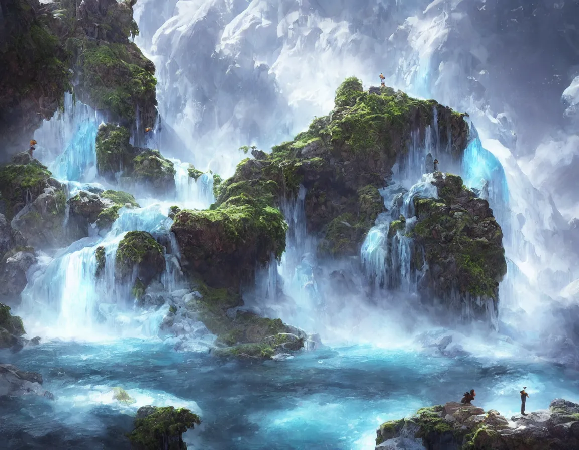 Prompt: hyper realistic oil painting of frozen little island planet with waterfall, rising in the air, highly detailed, digital painting, artstation, concept art, smooth, sharp focus, illustration, art by artgerm and greg rutkowski and alphonse mucha