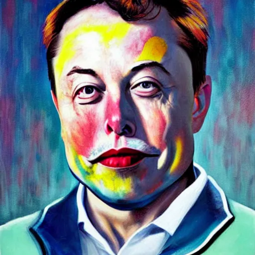 Image similar to oil canvas of elon musk as sad clown