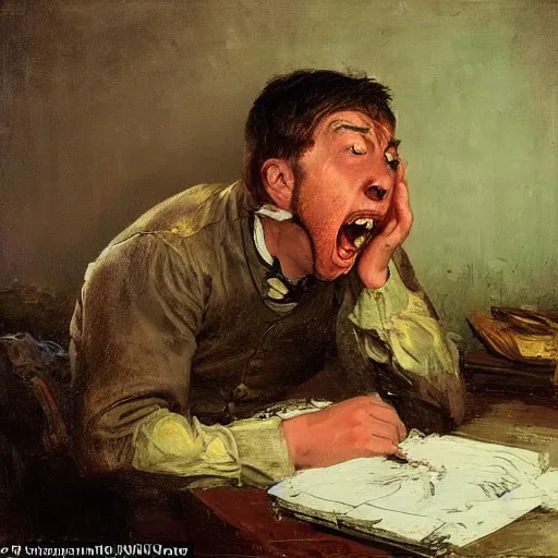 Image similar to an angry man screams at his computer monitor, oil on canvas, 1 8 8 3, highly detailed