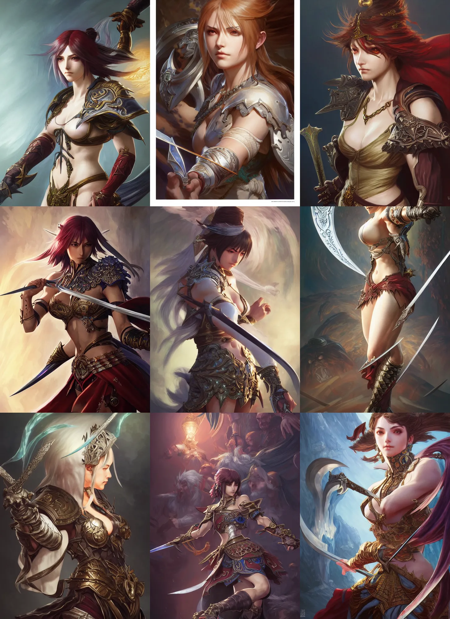 Prompt: various soulcalibur characters, d & d, fantasy, intricate, elegant, highly detailed, digital painting, artstation, concept art, matte, sharp focus, illustration, hearthstone, art by artgerm and greg rutkowski and alphonse mucha