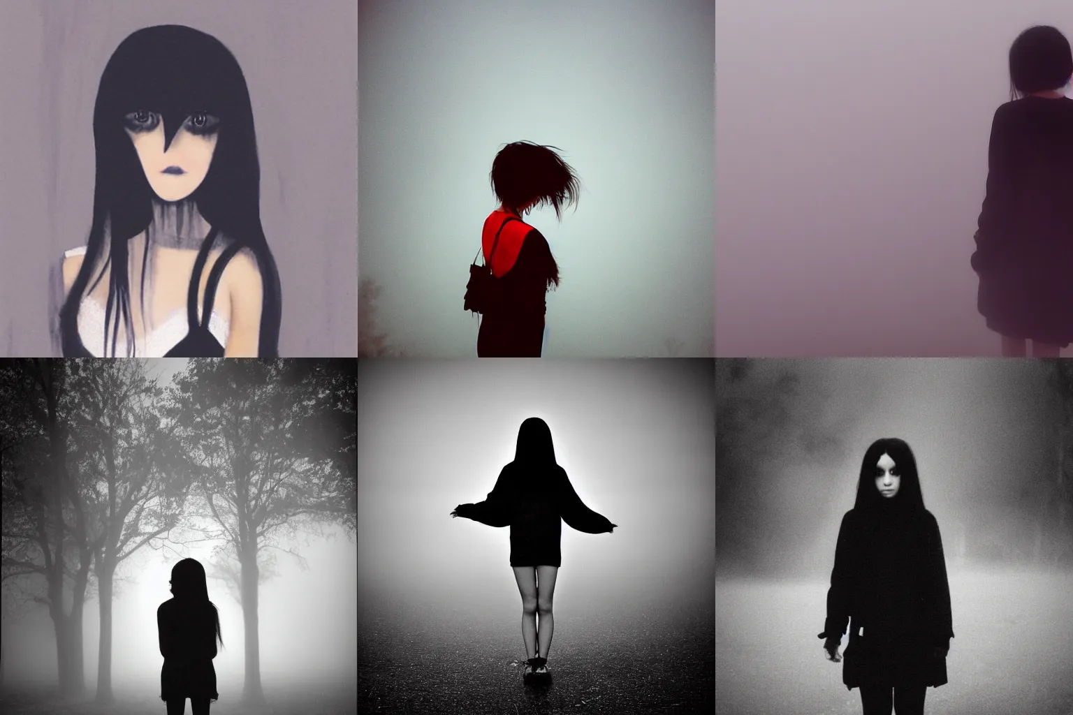 Prompt: an emo girl, black hair, standing in the fog, 2006