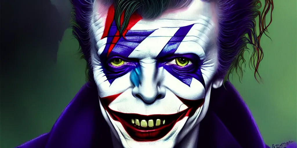 Image similar to david bowie as the joker, cinematic, highly detailed, digital painting, artstation, concept art, matte, sharp focus, illustration, art by artgerm and greg rutkowski and alphonse mucha