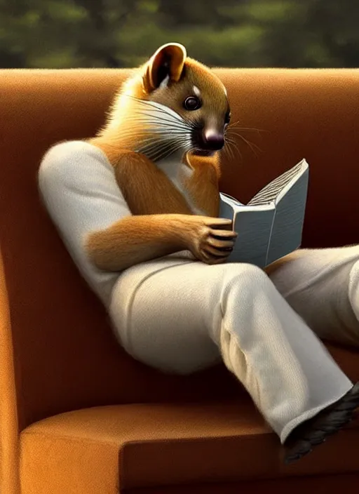 Prompt: A beautiful scene featuring a humanoid pine marten in loose white clothing reading on a couch. Golden hour. Hyperrealistic. Trending on CGSociety.