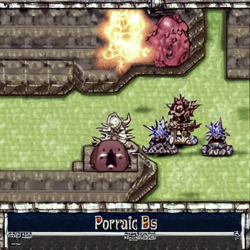 Image similar to “Ragnarok online, a large poring boss being fought by player characters”