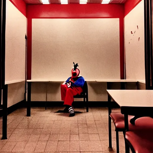 Image similar to Clown sitting in an empty diner at night, digital art, award-winning art, matte painting, horror, scary, eerie, ominous, unnerving, 8k