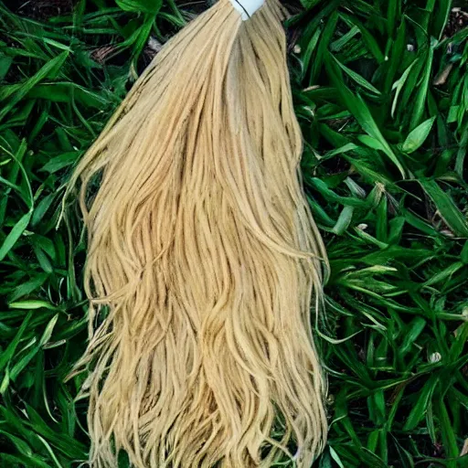 Image similar to a mop of blonde hair standing on 8 skinny black legs