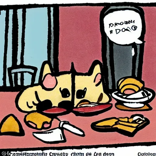 Prompt: dog eating croissants in paris cartoon