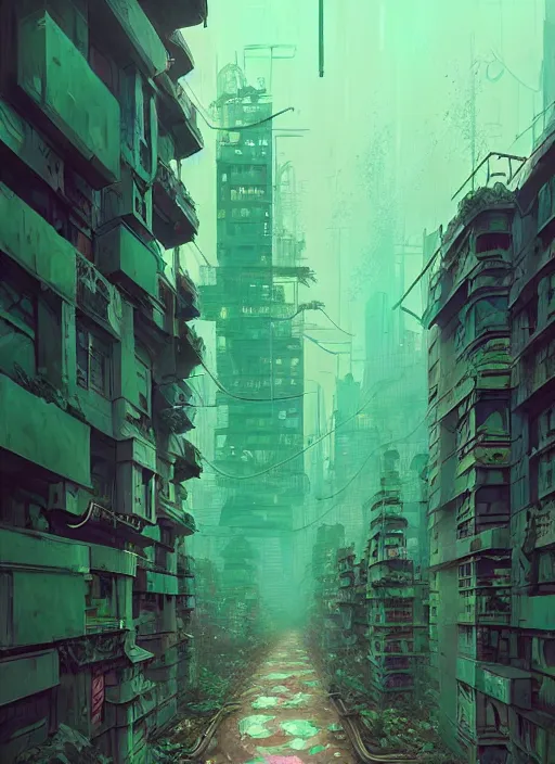 Image similar to highly detailed matte painting, of a dystopian calligraphy graffiti tag city with thick green overgrowth, by atey ghailan, by greg rutkowski, by greg tocchini, by james gilleard, by joe fenton, by kaethe butcher, pink, brown, light blue and white mystical color scheme, grunge aesthetic, octane render