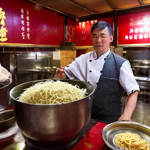 Image similar to Inside a traditional Chinese restaurant, with the chef preparing lots of yakisoba in a giant pot