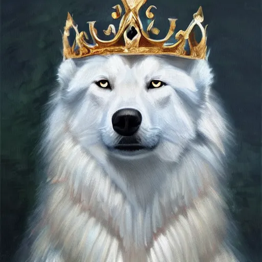 Image similar to A portrait of a white wolf wearing a crown, oil painting, masterpiece, artstation