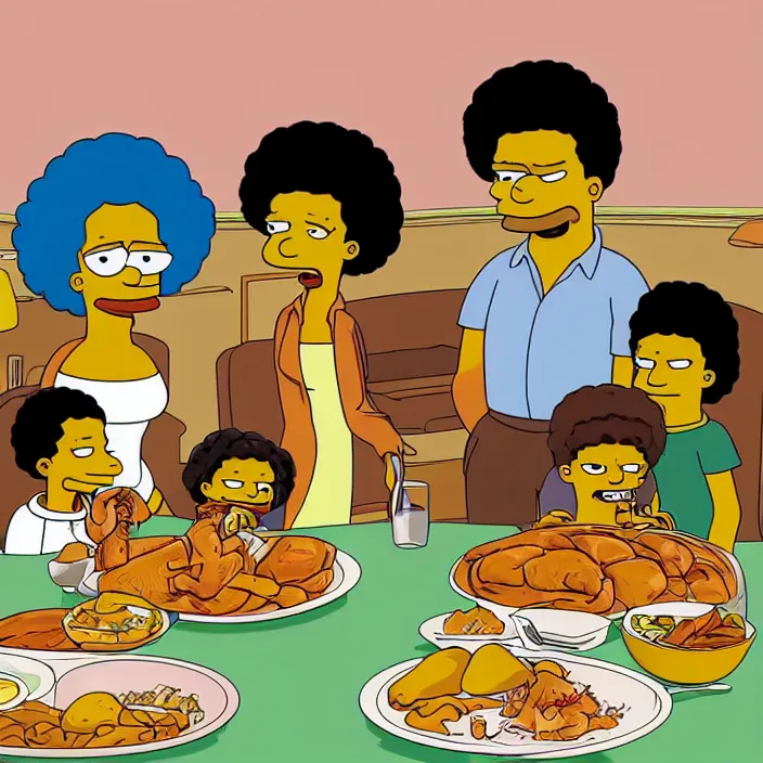 Prompt: African American family in 1979 with two daughters and a son eating chicken, mash potatoes, and rolls for dinner. Cartoon version Simpsons style