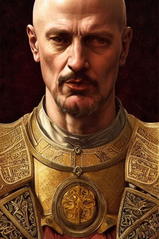 Image similar to medieval rome emperor, realistic portrait full body, symmetrical, highly detailed, digital painting, artstation, concept art, smooth, sharp focus, illustration, cinematic lighting, art by artgerm and greg rutkowski and alphonse mucha