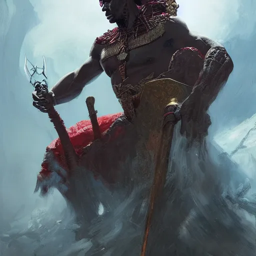 Prompt: african god shango, fire hammer, dim light, front game card, marvel comics, dark, intricate, highly detailed, smooth, artstation, digital illustration by ruan jia and mandy jurgens and artgerm and wayne barlowe and greg rutkowski and zdislaw beksinski.