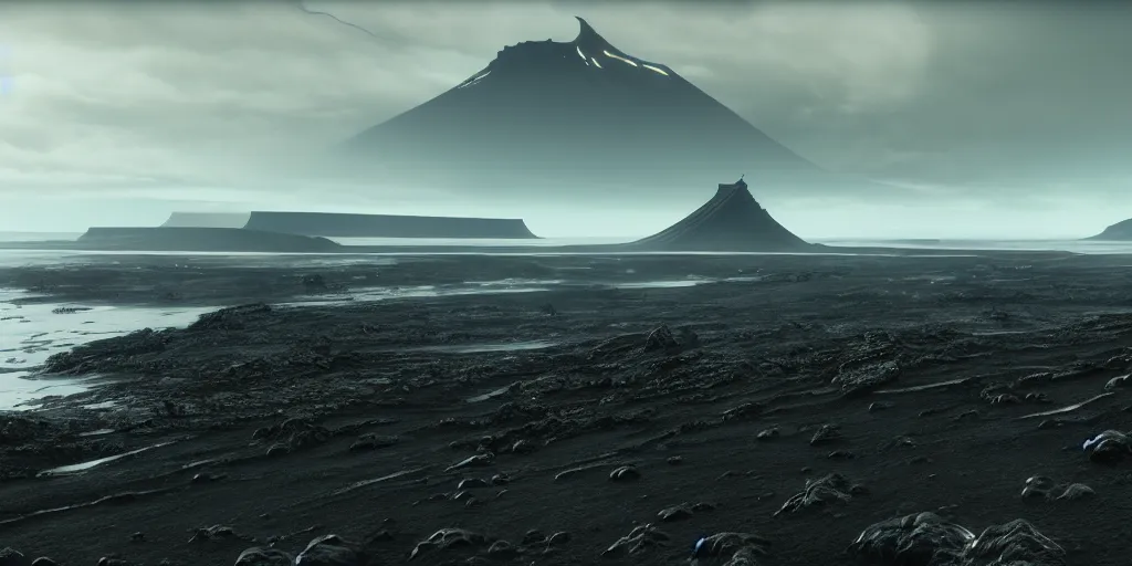 Image similar to deathstranding landscape, iceland landscape, ultra realistic, art by hideo kojima, artstation, concept art, decima engine