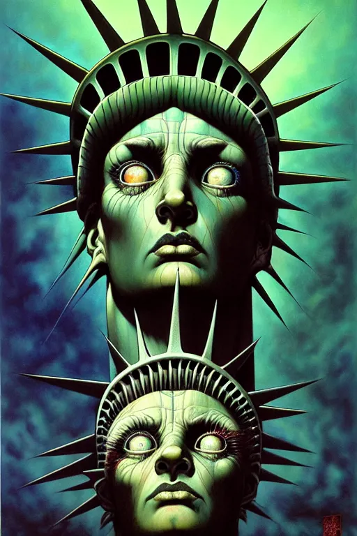 Prompt: realistic detailed image of scary statue of liberty, depth perception, depth of field, action horror by lisa frank, ayami, kojima, amano, karol bak, greg hildebrandt, and mark brooks, neo - gothic, gothic, rich deep colors. beksinski painting, part by adrian ghenie and gerhard richter. art by takato yamamoto. masterpiece