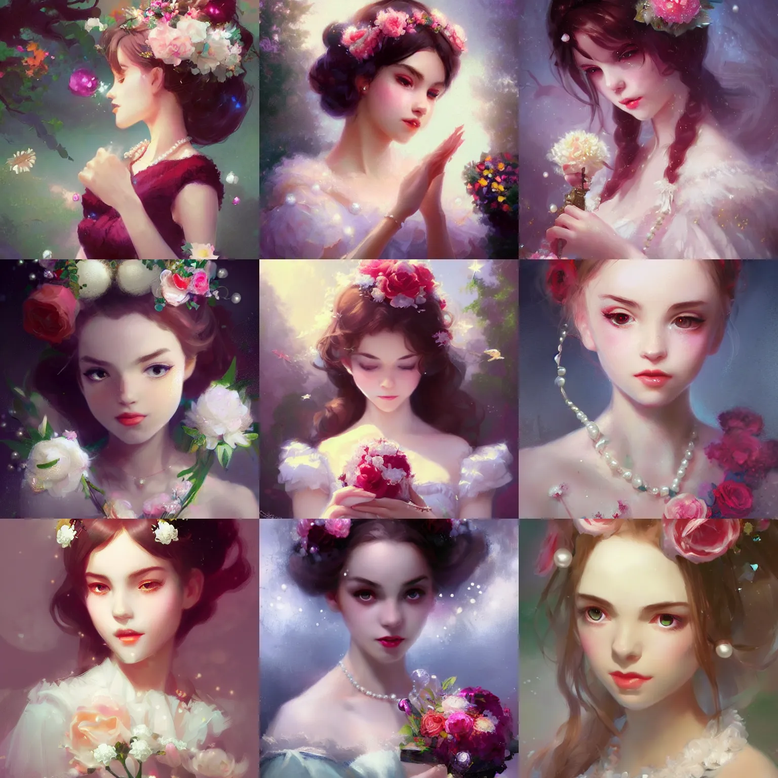 Prompt: a beautiful picture of lolita with pearls, gem, flowers design ， by greg rutkowski and thomas kinkade, trending on artstation - 7 6 8