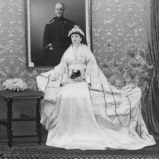 Prompt: A 1907 photograph from the official wedding photographer for the royal wedding features a wide full shot, coloured black and white Russian and Japanese mix historical fantasy portrait of the empress in her white floor-length bridal gown that fades into a bright blue at the bottom.