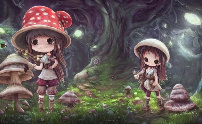 Image similar to cute little girl with an long hair wearing an mushroom hat and holding an cute cannon in the dark forest next to a sinister monster, cute artwork, clean detailed art, inspired made in abyss, detailed background, fantastic world, spectacular quality