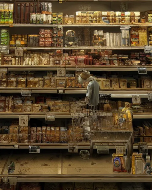 Image similar to gandalf stacking supermarket shelves greg rutkowski, esuthio, craig mullins, cinematic lighting, gloomy