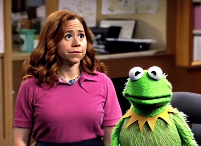 Image similar to film still of muppet!!!!! pam beesly!!!! as a muppet muppet muppet as a muppet in the tv show the muppet office