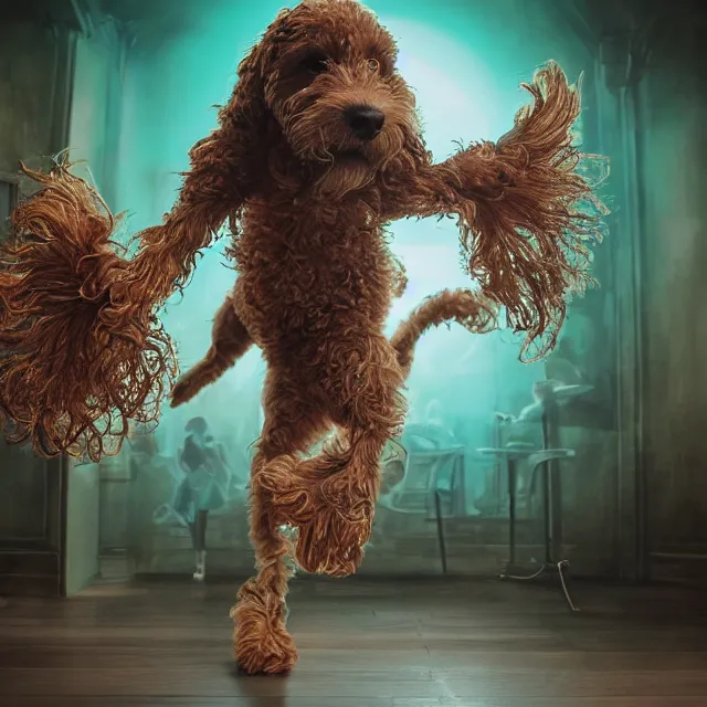 Prompt: studio portrait of a cockapoo dancing in a nightclub, ultrafine hyperrealistic detailed face illustration by kim jung gi, irakli nadar, intricate linework, sharp focus, bright colors, matte, octopath traveler, final fantasy, unreal engine highly rendered, global illumination, radiant light, intricate environment