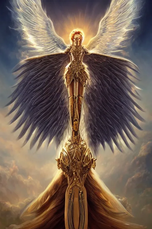 Image similar to A beautiful fierce llama angel with wings, wearing metal battle armor and a flaming sword, among heavenly sunlit clouds, close-up, intricate, elegant, digital painting, golden hour photo, cinematic, trending on artstation, concept art, smooth, sharp focus, illustration, art by artgerm and Greg Rutkowski and Alphonse Mucha