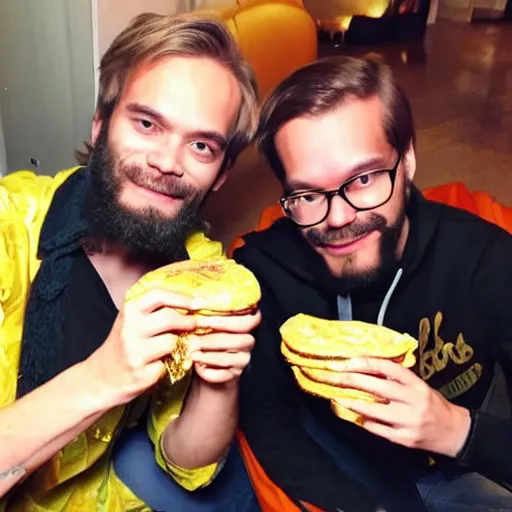 Prompt: pewdiepie and sergey mavrodi drinking and eating gold burgers together