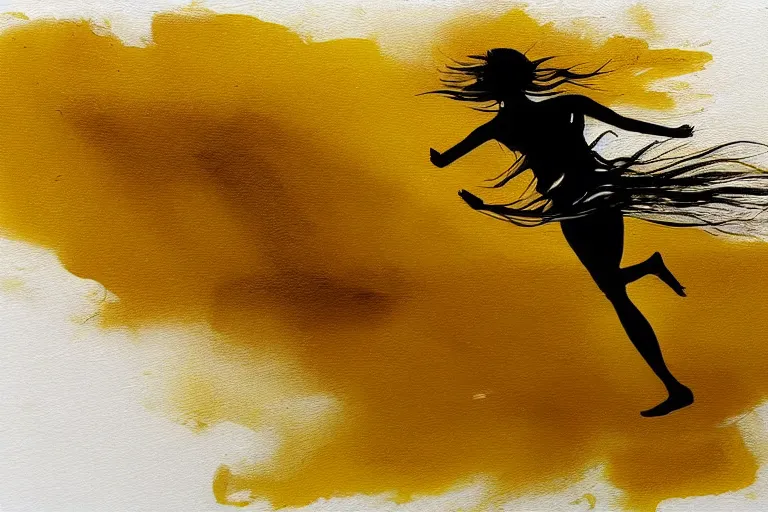 Prompt: beautiful serene runner, healing through motion, life, uplifting, minimalistic golden and ink airbrush painting on white background