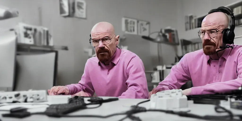 Image similar to walter white wearing pink headphones and sitting at his desk gaming, incredibly detailed, sharp focus, hyper realistic, sony 3 5 mm lens