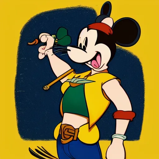 Image similar to 2 d traditional animation, portrait, upper body shot, mid shot, anthropomorphic mouse, female, wearing denim short shorts and a off yellow tank top shirt, in the style of disney's robin hood