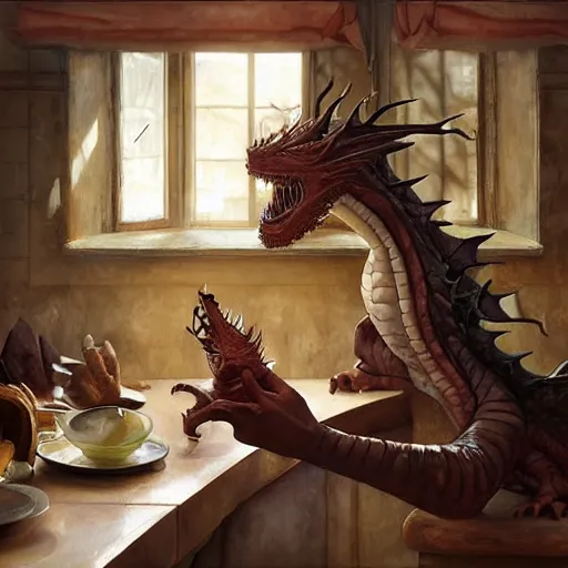 Prompt: prompt chocolate dragon, sleeping on the kitchen counter of a magical bakery, oil painting, by Fernanda Suarez and Edgar Maxence and greg rutkowski