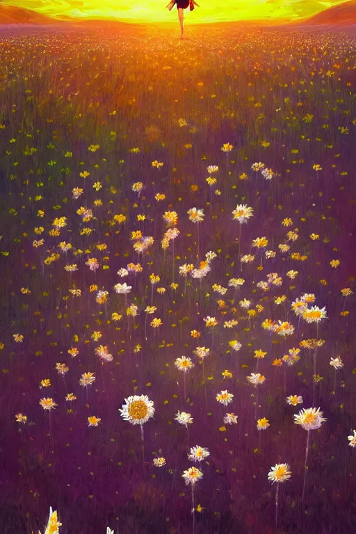 Image similar to giant white daisies flower as head, girl ballet dancing in a flower field, surreal photography, sunrise, dramatic light, impressionist painting, colorful clouds, digital painting, artstation, simon stalenhag