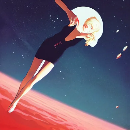 Image similar to ilya kuvshinov art of a woman floating in space